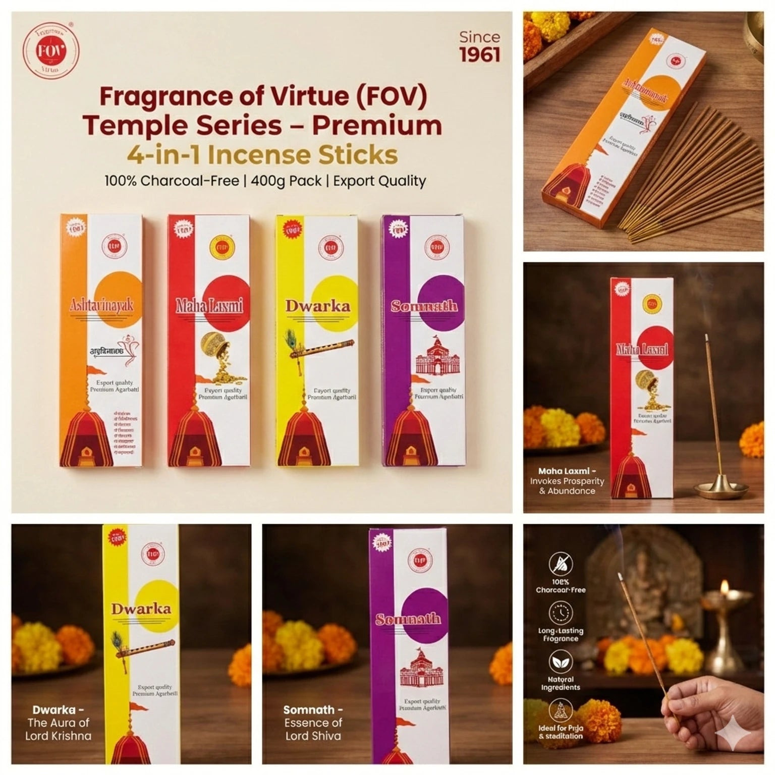 Premium 4 in 1 Incense Sticks | Temple Series - Dwarka, Somnath, Ashtavinayak, Mahalaxmi