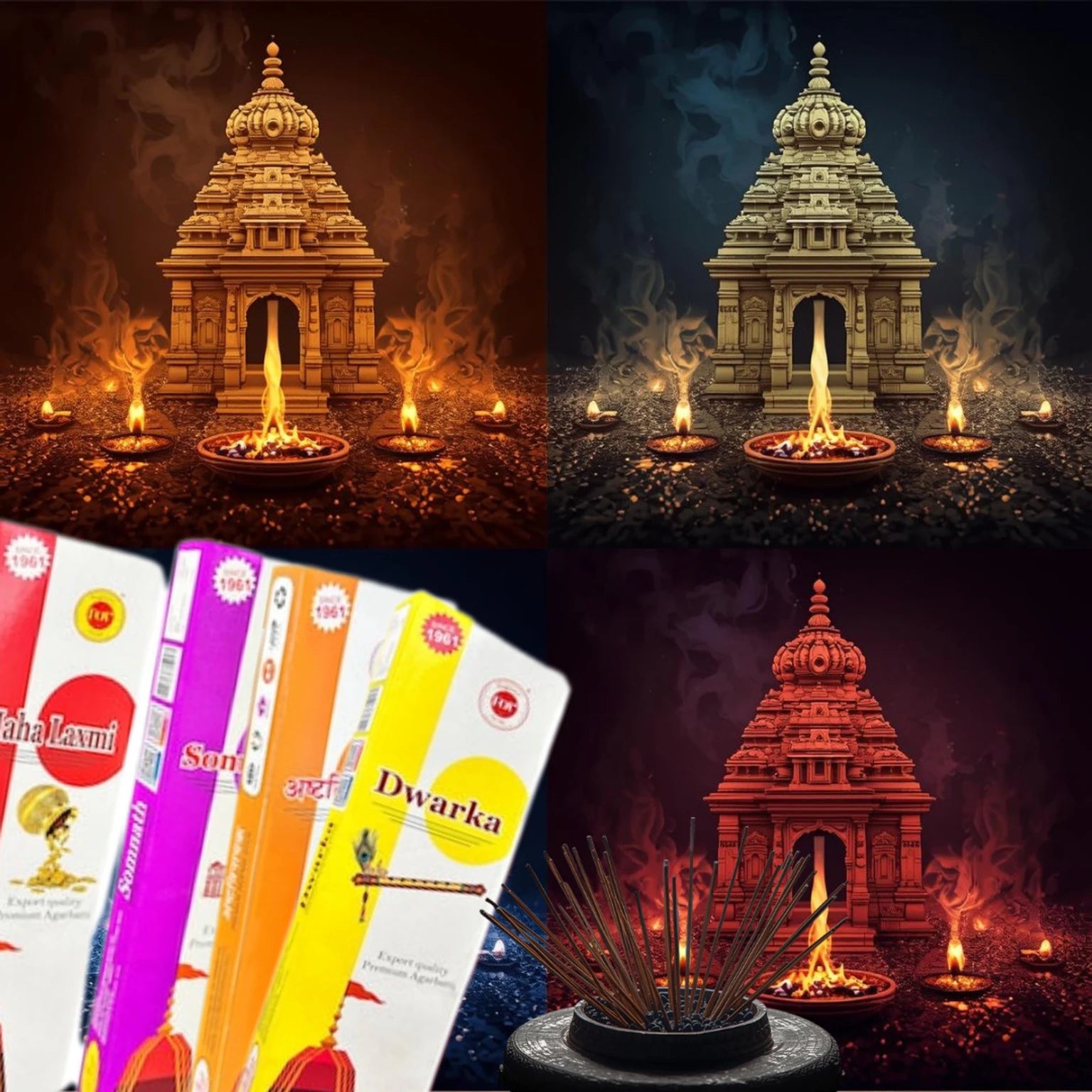 Premium 4 in 1 Incense Sticks | Temple Series - Dwarka, Somnath, Ashtavinayak, Mahalaxmi
